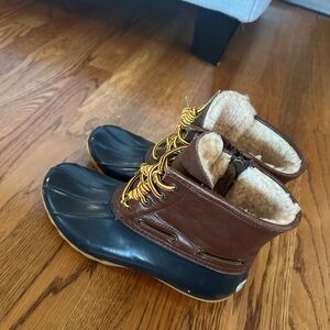 Sperry Brown Leather and Black Rubber Insulated Duck Boots with Yellow Laces